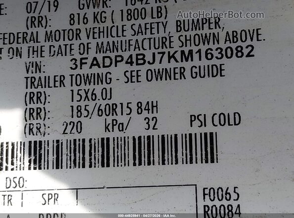 3FADP4BJ7KM163082 2019 FORD FIESTA Silver 