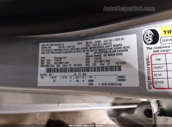 3FADP4BJ9JM144449 2018 FORD FIESTA Silver VIN კოდის სტიკერის ხედი