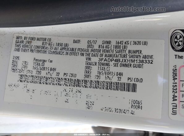 3FADP4BJXHM138332 2017 FORD FIESTA White Շարժիչի բաժամունքի տեսք
