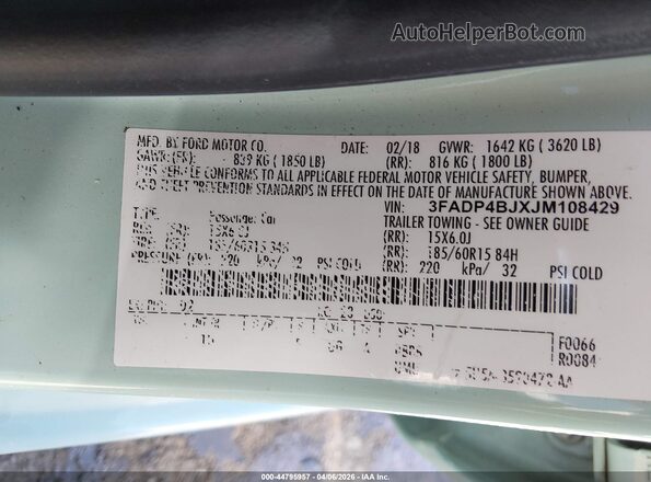 3FADP4BJXJM108429 2018 FORD FIESTA Light Blue Vista del compartimento del motor