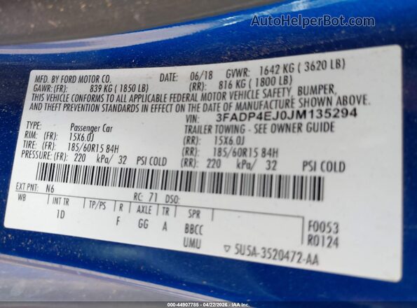 3FADP4EJ0JM135294 2018 FORD FIESTA Blue ძრავის განყოფილების ხედი