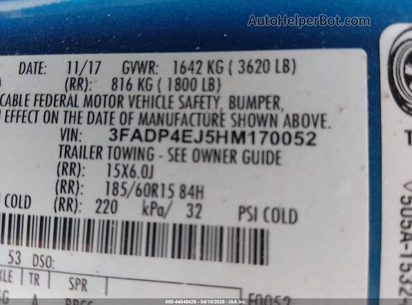 3FADP4EJ5HM170052 2017 FORD FIESTA Синий Вид подкапотного пространства