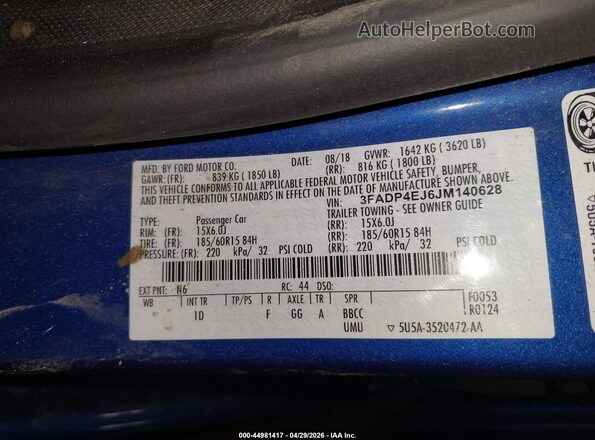 3FADP4EJ6JM140628 2018 FORD FIESTA Blue Engine compartment view