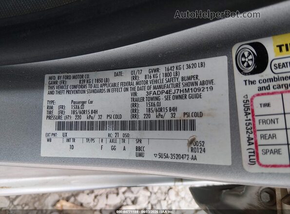 3FADP4EJ7HM109219 2017 FORD FIESTA Silver Engine compartment view