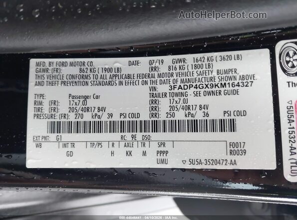 3FADP4GX9KM164327 2019 FORD FIESTA Черный Вид подкапотного пространства