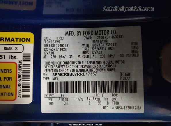 3FMCR9B67RRE17357 2024 FORD BRONCO SPORT Blue Вид підкапотного простору