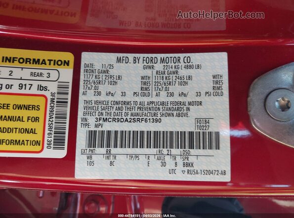3FMCR9DA2SRF61390 2025 FORD BRONCO SPORT Red 