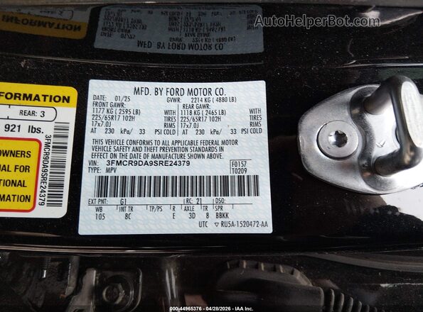 3FMCR9DA9SRE24379 2025 FORD BRONCO SPORT Black Вид підкапотного простору