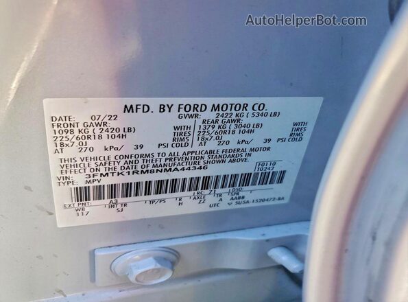 3FMTK1RM8NMA44346 2022 FORD MUSTANG Серый Вид наклейки с VIN-кодом