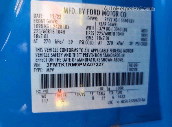 3FMTK1RM9PMA07227 2023 FORD MUSTANG Синий Вид наклейки с VIN-кодом