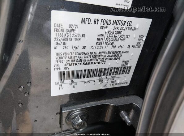 3FMTK1SS8MMA10172 2021 FORD MUSTANG MACH-E Gray ძრავის განყოფილების ხედი