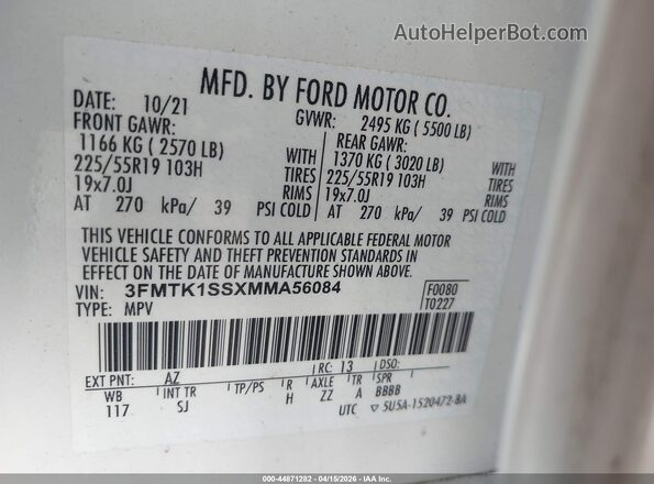 3FMTK1SSXMMA56084 2021 FORD MUSTANG MACH-E White 