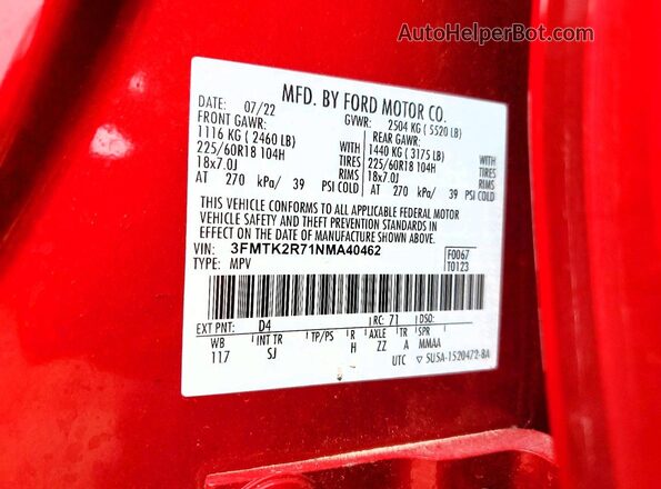 3FMTK2R71NMA40462 2022 FORD MUSTANG Красный Вид подкапотного пространства