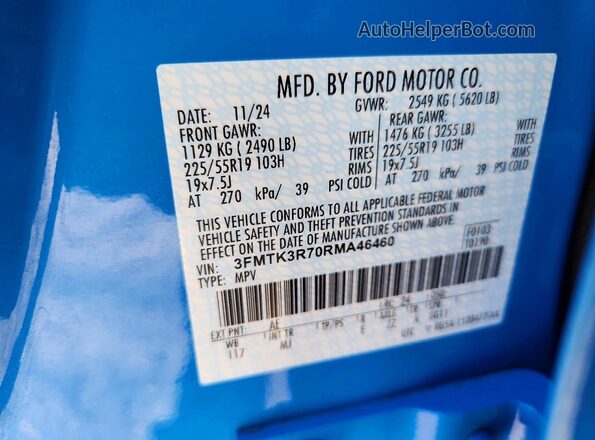 3FMTK3R70RMA46460 2024 FORD MUSTANG MACH-E PREMI Blue Вид наклейки з VIN-кодом