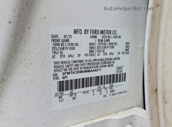 3FMTK3RM4MMA44211 2021 FORD MUSTANG MACH-E PREMI White VIN კოდის სტიკერის ხედი