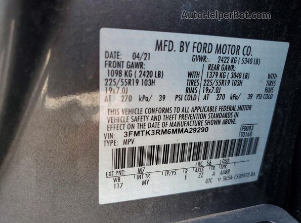 3FMTK3RM6MMA29290 2021 FORD MUSTANG MACH-E PREMI Gray ძრავის განყოფილების ხედი