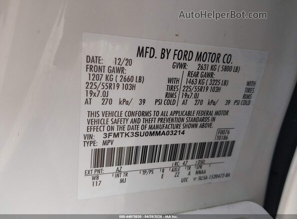 3FMTK3SU0MMA03214 2021 FORD MUSTANG MACH-E PREMI White Շարժիչի բաժամունքի տեսք