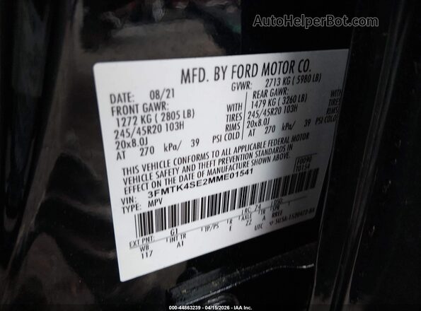 3FMTK4SE2MME01541 2021 FORD MUSTANG MACH-E Black Widok komory silnika