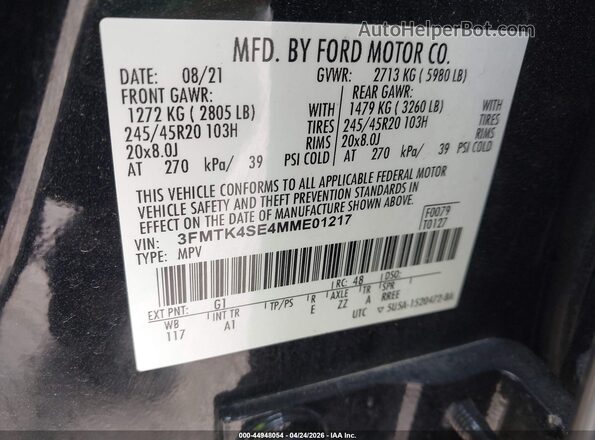 3FMTK4SE4MME01217 2021 FORD MUSTANG MACH-E Black 