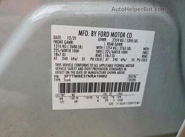 3FTTW8E37NRA19682 2022 FORD MAVERICK Gray ძრავის განყოფილების ხედი