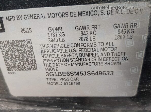 3G1BE6SM5JS649633 2018 CHEVROLET CRUZE Черный Вид подкапотного пространства