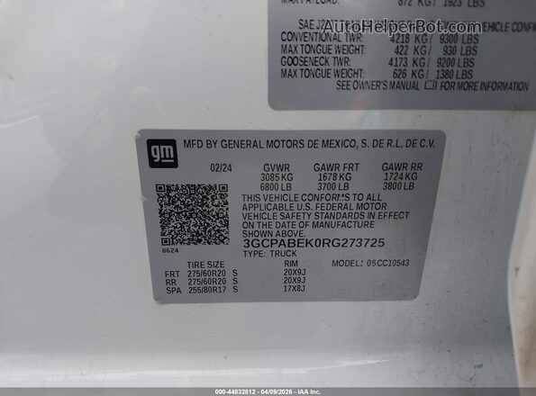 3GCPABEK0RG273725 2024 CHEVROLET SILVERADO White Vista del compartimento del motor