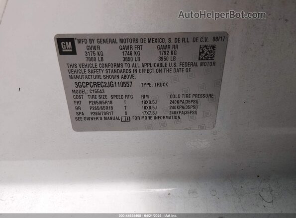 3GCPCREC2JG110557 2018 CHEVROLET SILVERADO Белый Вид подкапотного пространства