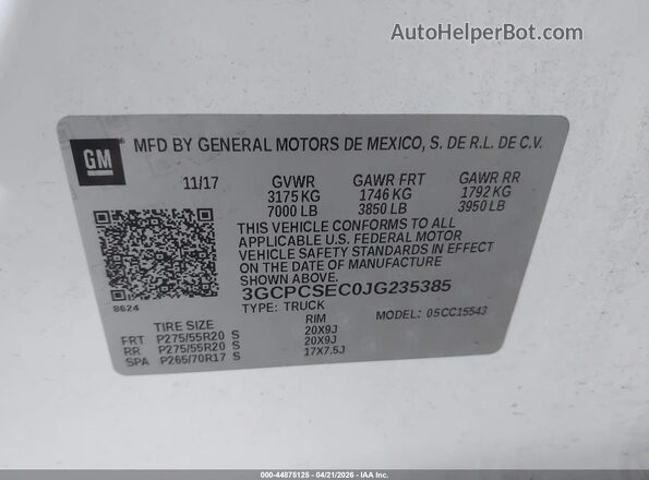 3GCPCSEC0JG235385 2018 CHEVROLET SILVERADO Белый Вид наклейки с VIN-кодом
