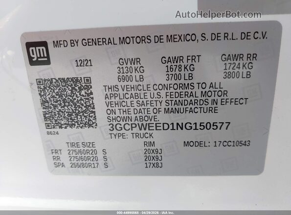3GCPWEED1NG150577 2022 CHEVROLET SILVERADO White Widok komory silnika