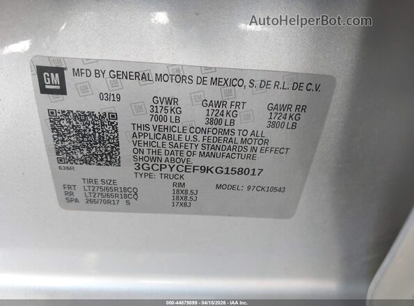 3GCPYCEF9KG158017 2019 CHEVROLET SILVERADO Silver Вид підкапотного простору