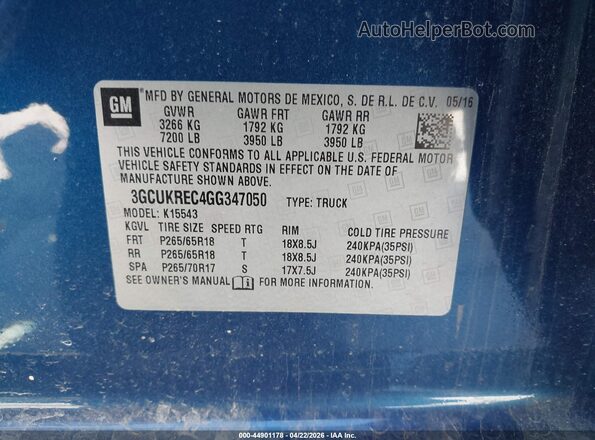3GCUKREC4GG347050 2016 CHEVROLET SILVERADO Blue ძრავის განყოფილების ხედი