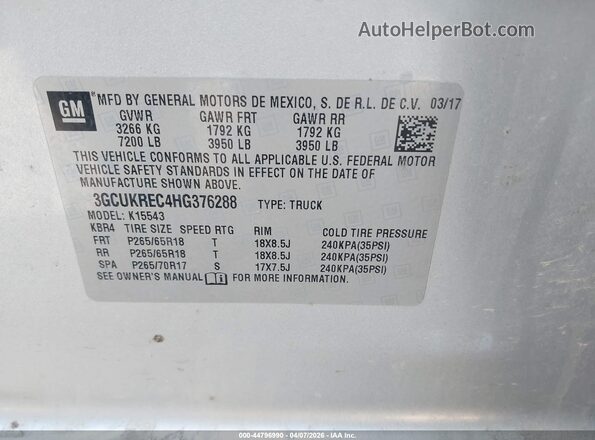 3GCUKREC4HG376288 2017 CHEVROLET SILVERADO Silver Вид підкапотного простору