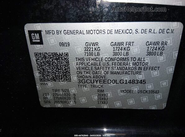 3GCUYEED0LG148345 2020 CHEVROLET SILVERADO Черный Вид подкапотного пространства