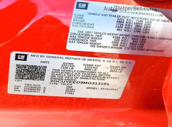 3GCUYEED9MG313195 2021 CHEVROLET SILVERADO Red Вид підкапотного простору
