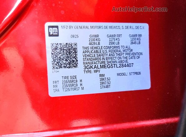 3GKALMEG5TL284407 2026 GMC TERRAIN Бордовый Вид наклейки с VIN-кодом