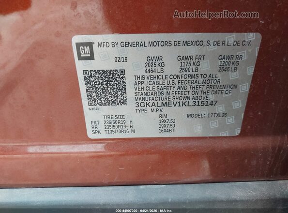 3GKALMEV1KL315147 2019 GMC TERRAIN Orange 