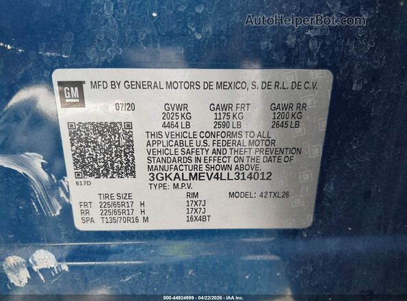 3GKALMEV4LL314012 2020 GMC TERRAIN Blue Engine compartment view