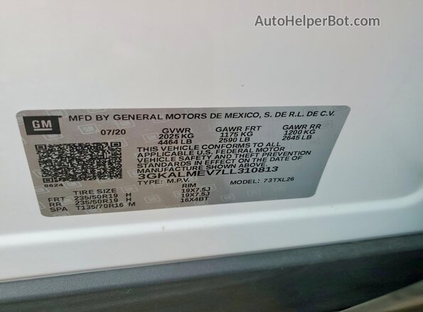 3GKALMEV7LL310813 2020 GMC TERRAIN White Widok naklejki z numerem VIN