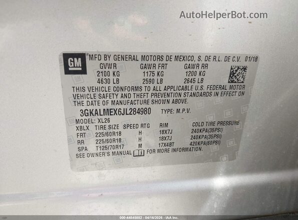 3GKALMEX6JL284980 2018 GMC TERRAIN Silver Вид підкапотного простору