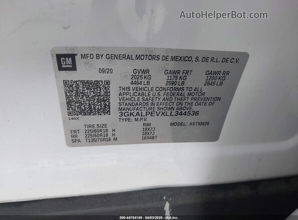 3GKALPEVXLL344536 2020 GMC TERRAIN White Vista del compartimento del motor