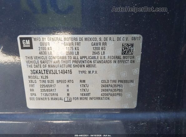 3GKALTEV3JL149416 2018 GMC TERRAIN Dark Blue ძრავის განყოფილების ხედი