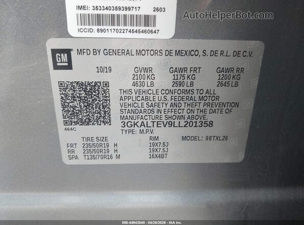 3GKALTEV9LL201358 2020 GMC TERRAIN Gray 