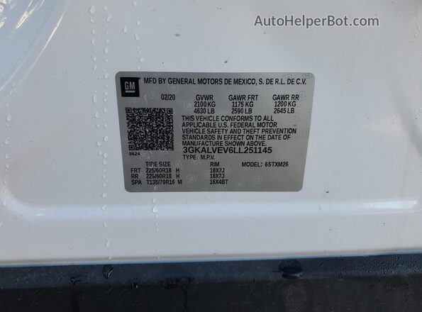 3GKALVEV6LL251145 2020 GMC TERRAIN White Vista interior de 360 grados