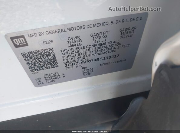 3GN7DMRP4SS193217 2025 CHEVROLET EQUINOX White Vista del compartimento del motor