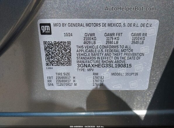 3GNAXHEG3SL190815 2025 CHEVROLET EQUINOX Gray Widok komory silnika