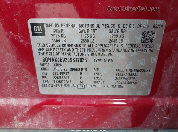 3GNAXJEV3JS617033 2018 CHEVROLET EQUINOX Красный Вид подкапотного пространства
