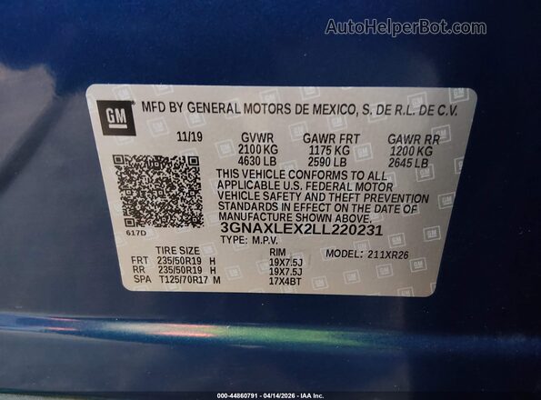 3GNAXLEX2LL220231 2020 CHEVROLET EQUINOX Blue Widok komory silnika