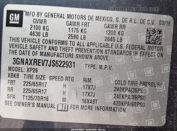 3GNAXREV7JS622931 2018 CHEVROLET EQUINOX Синий Вид подкапотного пространства