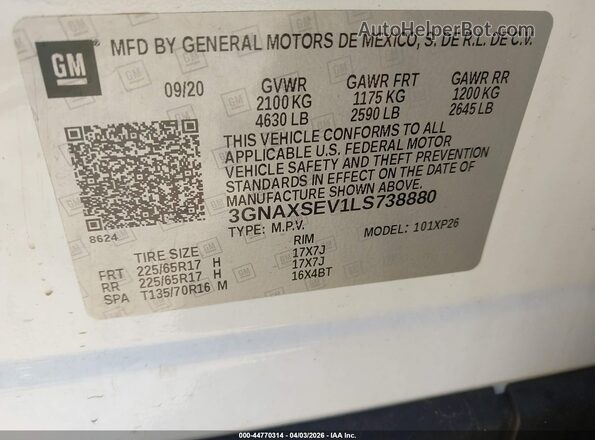 3GNAXSEV1LS738880 2020 CHEVROLET EQUINOX Белый Вид подкапотного пространства