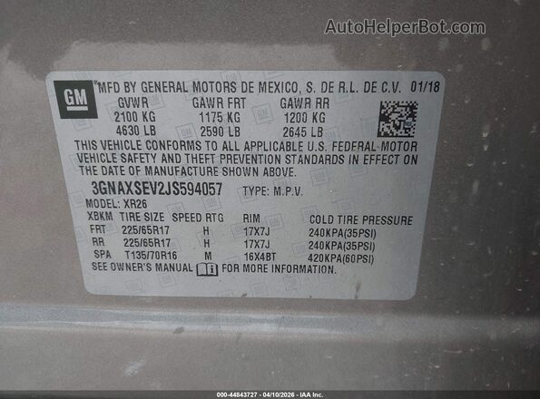 3GNAXSEV2JS594057 2018 CHEVROLET EQUINOX Tan Engine compartment view